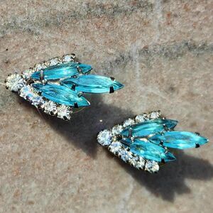 Aquamarine Cut Crystal & Rhinestone Earrings Pierced Ears VTG Art Deco Prong